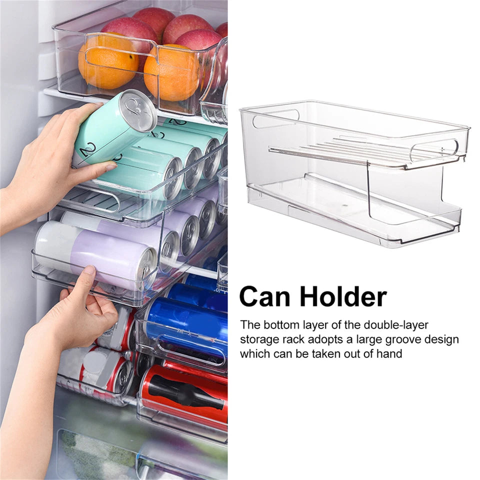 2-Layer Rolling Can Dispenser Plastic Fridge Beer Tin Holder Organiser Soda Rack