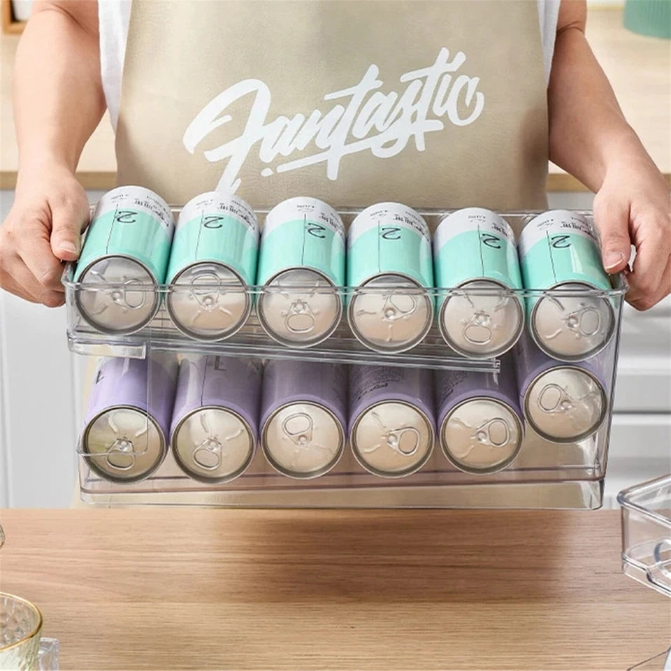 2-Layer Rolling Can Dispenser Plastic Fridge Beer Tin Holder Organiser Soda Rack