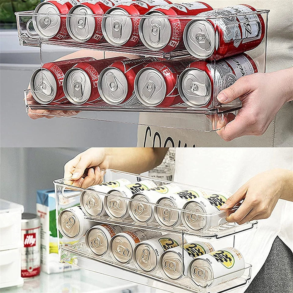 2-Layer Rolling Can Dispenser Plastic Fridge Beer Tin Holder Organiser Soda Rack
