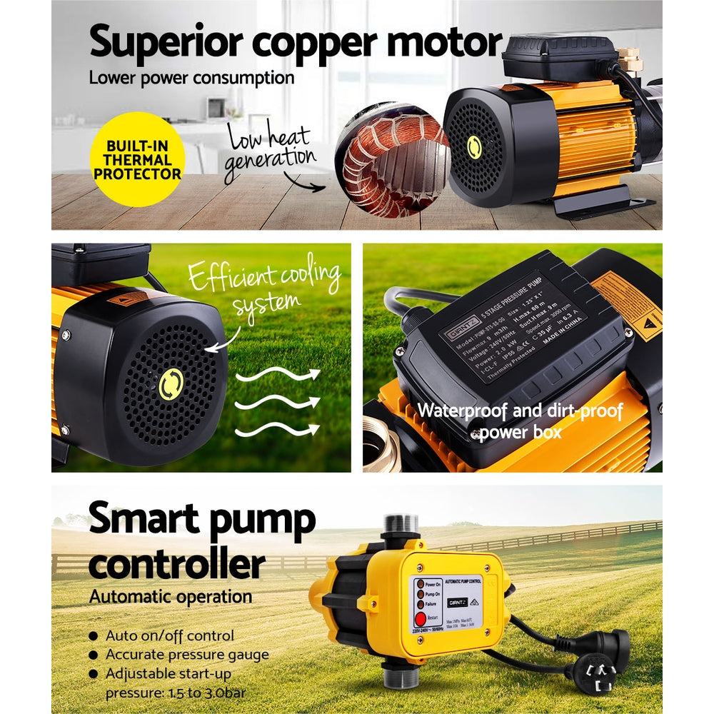 Giantz Garden Water Pump High Pressure 2000W Max. 5-Stage Tank Irrigation Yellow
