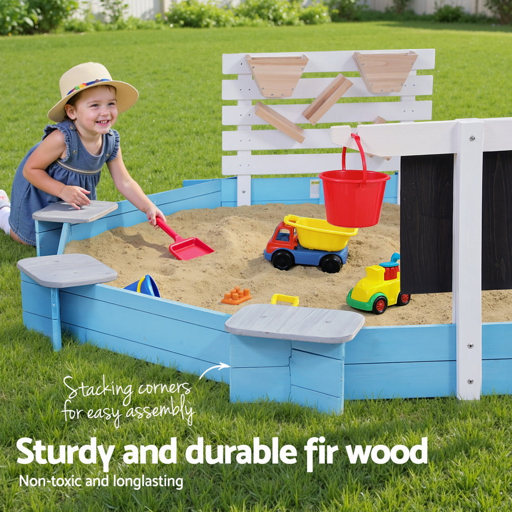 Keezi Kids Sandpit Wooden Round Sand Pit with Cover Funnel Bench Seat Beach Toys 215cm