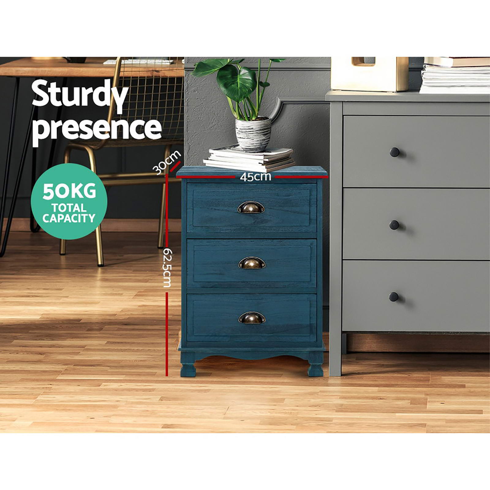 Artiss 2x Bedside Table 3 Drawers Vintage - THYME Blue