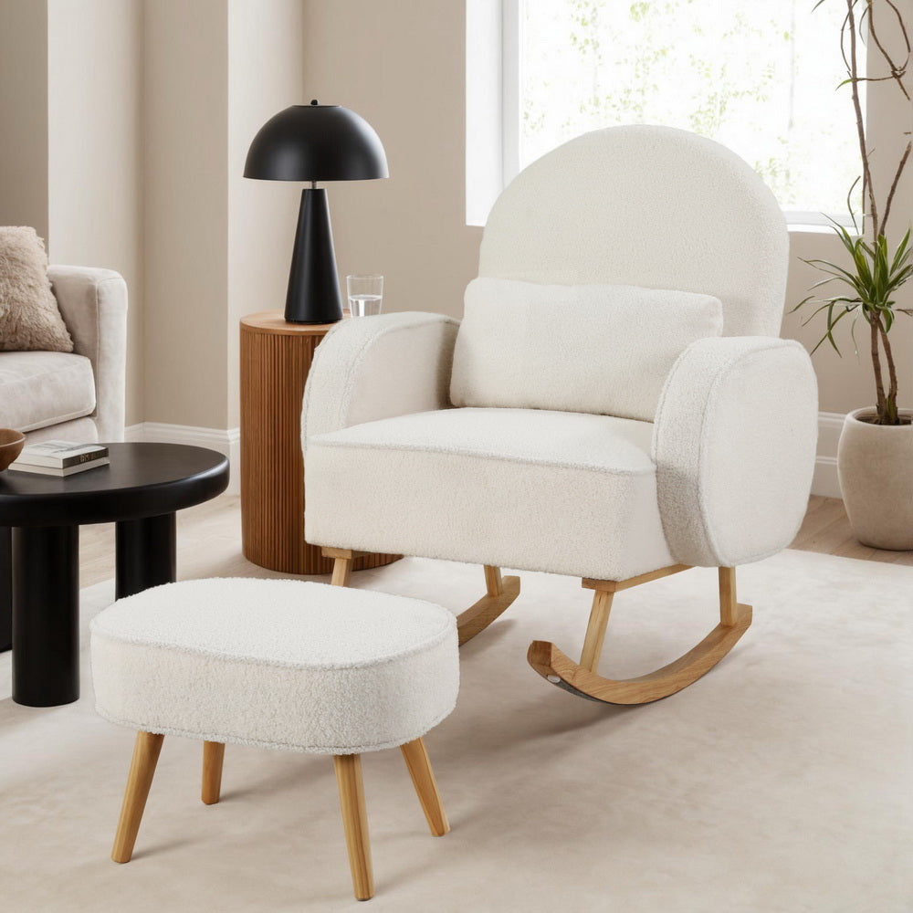 Artiss Armchair Rocking Chair Ottoman Lounge Footrest Round Nursing Boucle White