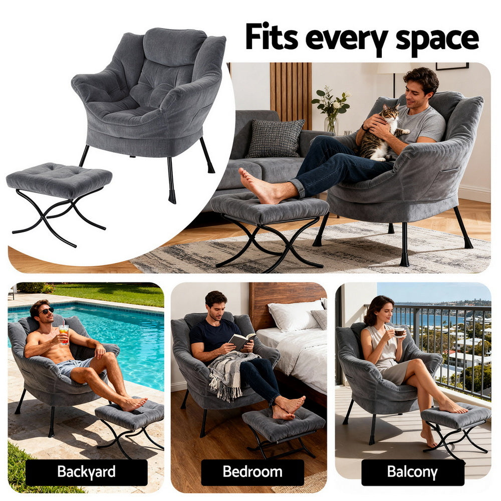 Artiss Armchair Accent Chair Ottoman Lounge Footrest Velvet Grey