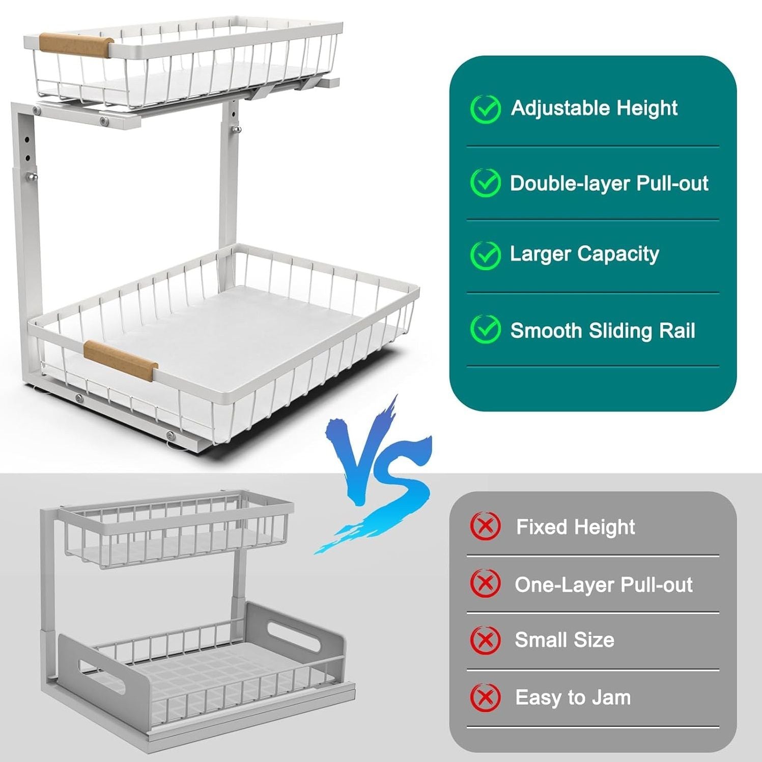Set 2 pcs - 2-Tier Kitchen Under Sink Organiser Storage with Height Adjustable, Unique Slide Rail & Suction Cups for Storage