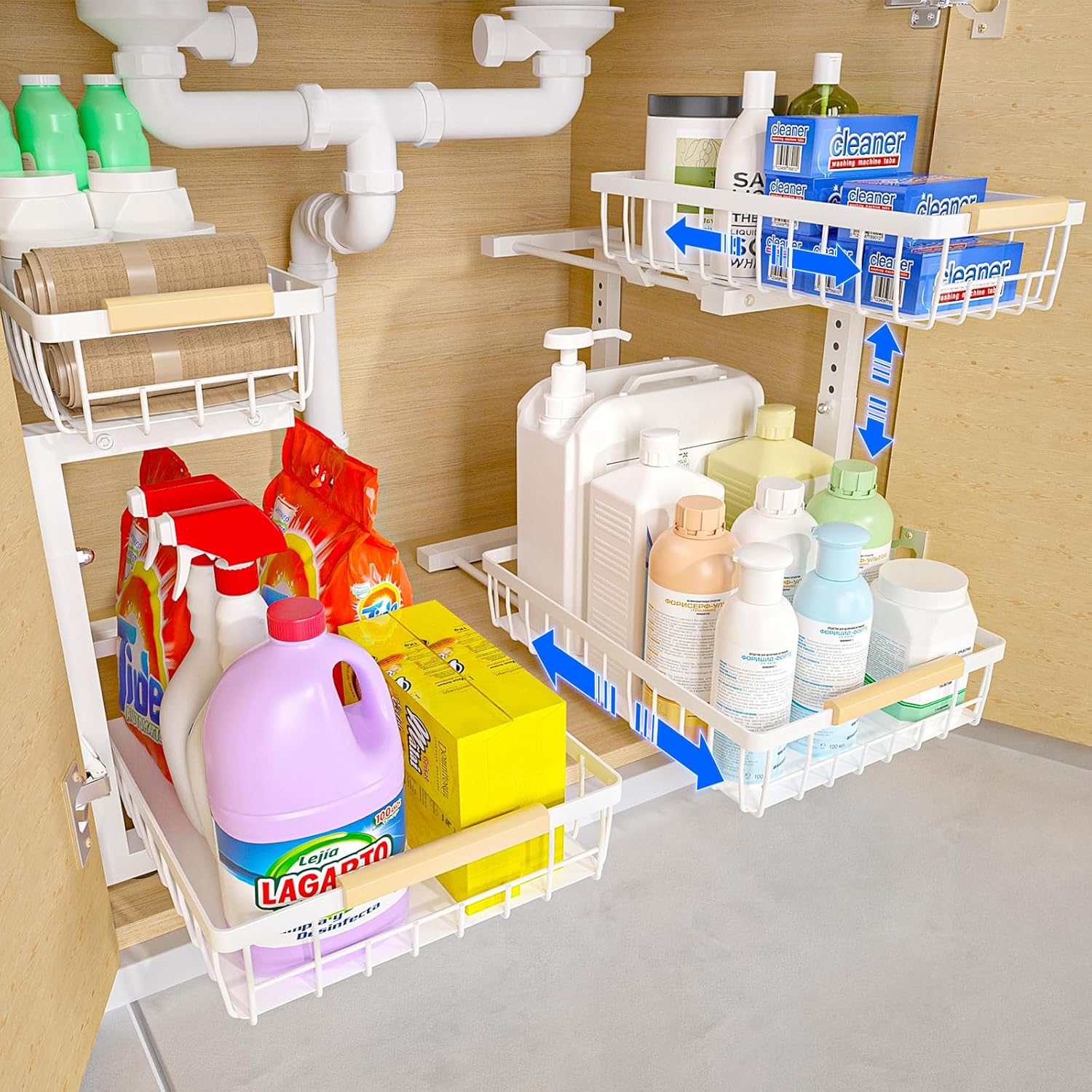 Set 2 pcs - 2-Tier Kitchen Under Sink Organiser Storage with Height Adjustable, Unique Slide Rail & Suction Cups for Storage