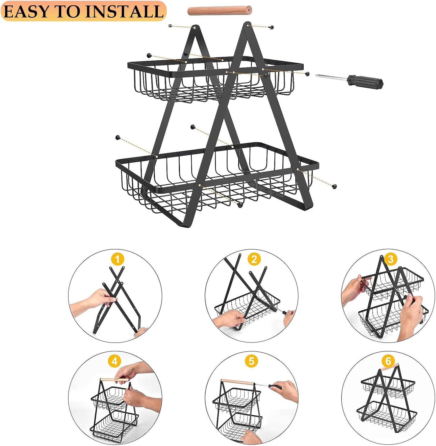 CARLA HOME 2-Tier Fruit Basket Stand for Kitchen Countertop for Fruits, Vegetables, Bread & Snacks with Wooden Handle