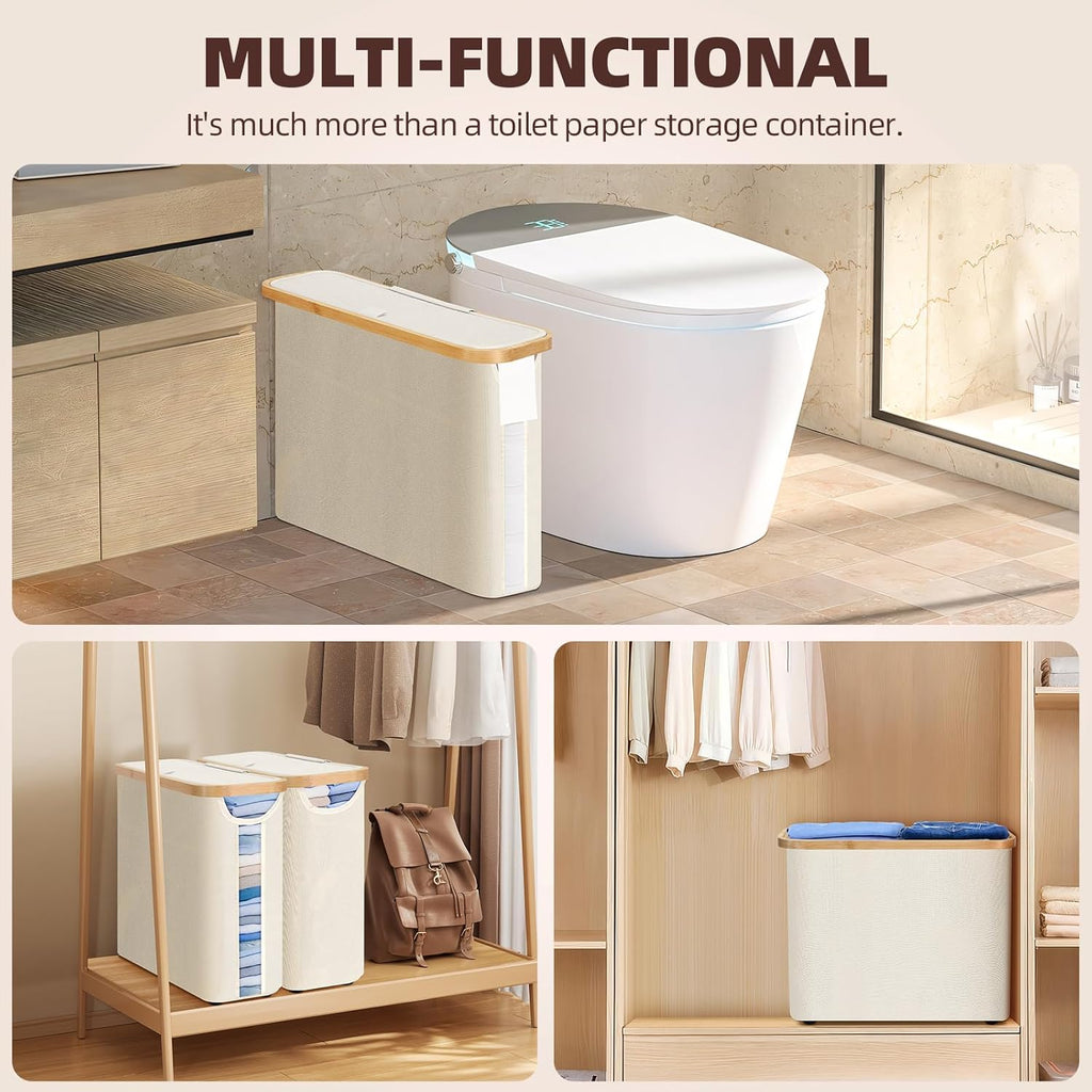 CARLA HOME Toilet Paper Storage Basket Holds Up to 12 Rolls with Bamboo Lid and Handle for RV Closet (White)