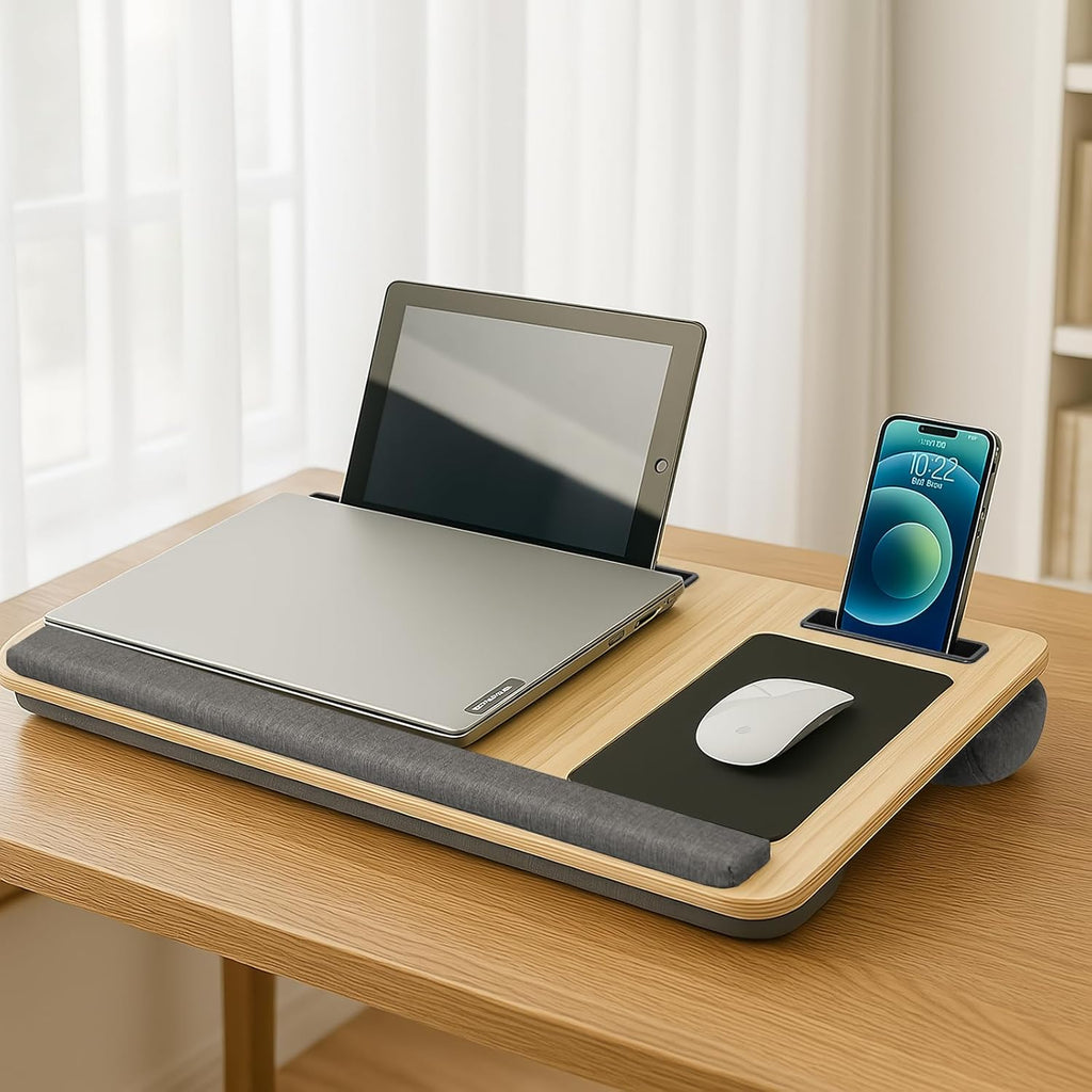 CARLA HOME Oversized Portable Lap Desk with Cushion,Mouse Pad, Tablet and Phone Holder which Fits Up to 17 Inch Laptops for Bed or Sofa (Brown)