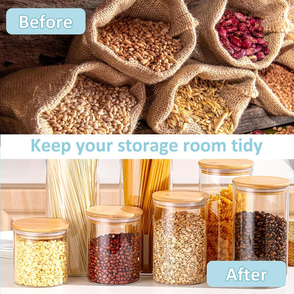 CARLA HOME 6 Pack Glass Storage Jars with Bamboo Lids for Kitchen Pantry, Pasta, Snacks, Cookies, Candy & More