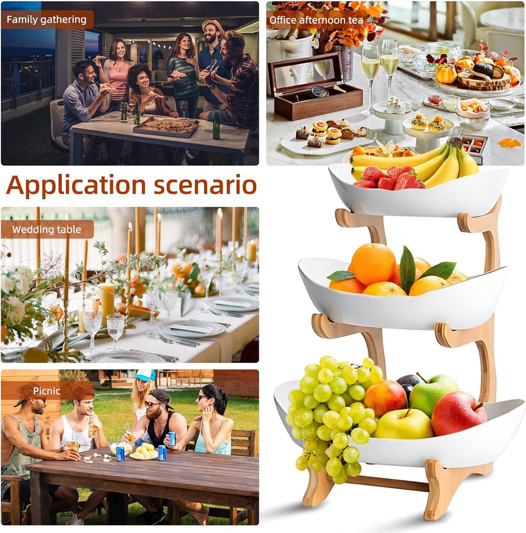 CARLA HOME 3-Tier Ceramic Fruit Bowl Basket with Bamboo Stand for Kitchen Counter, Snack Tray, Dessert Server & Vegetable Storage Rack