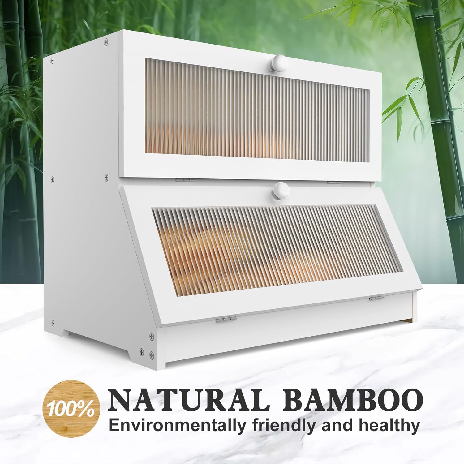 CARLA HOME Double Layer Bamboo Bread Box for Kitchen Counter - Large Capacity Bread Storage Container with Clear Window, Easy Assembly, Farmhouse Style Bread Holder (White)