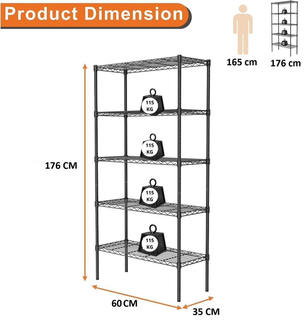CARLA HOME 5-Tier Adjustable Metal Storage Shelves Wire Rack Organizer for Kitchen, Pantry, Bathroom or Laundry Room (60cm W x 40cm D x 176cm H)