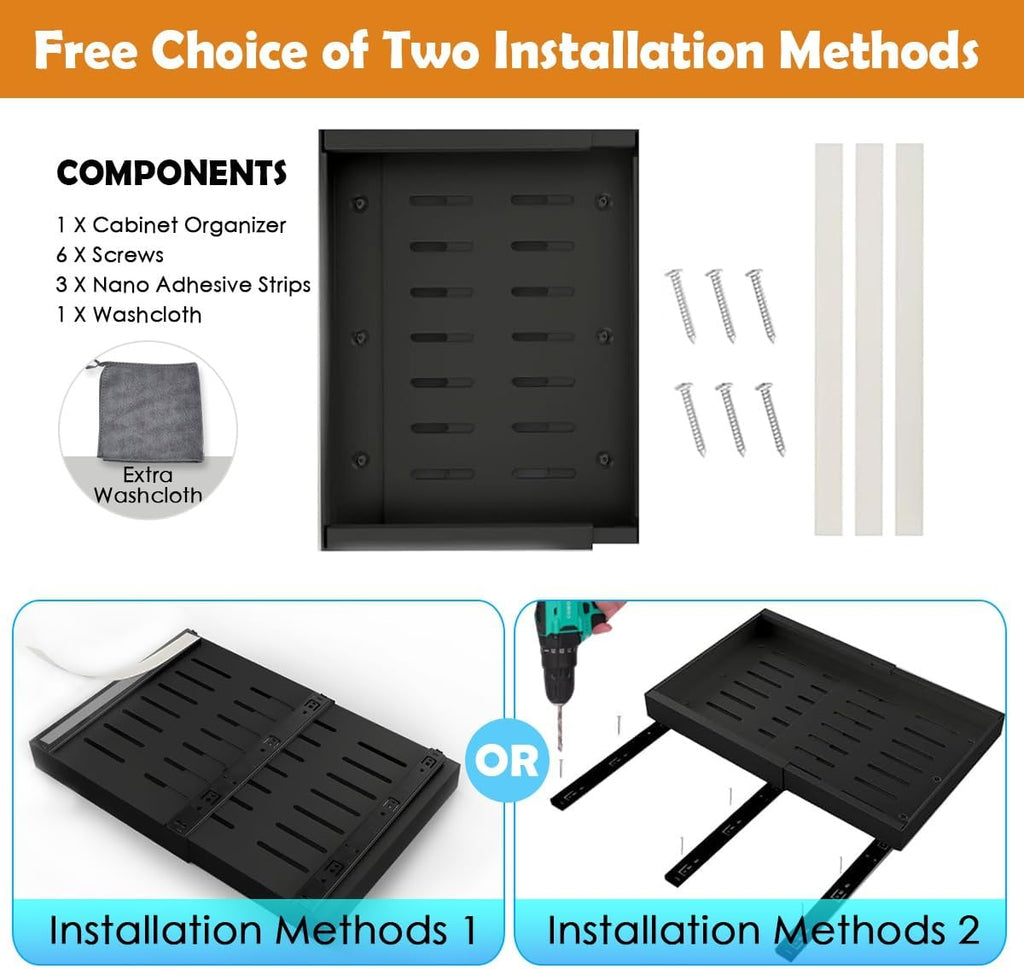 CARLA HOME 2 Pack Pull Out Cabinet Organizer Expandable for Cabinets with Adjustable Slide Out Shelves and Easy Installation (Black)