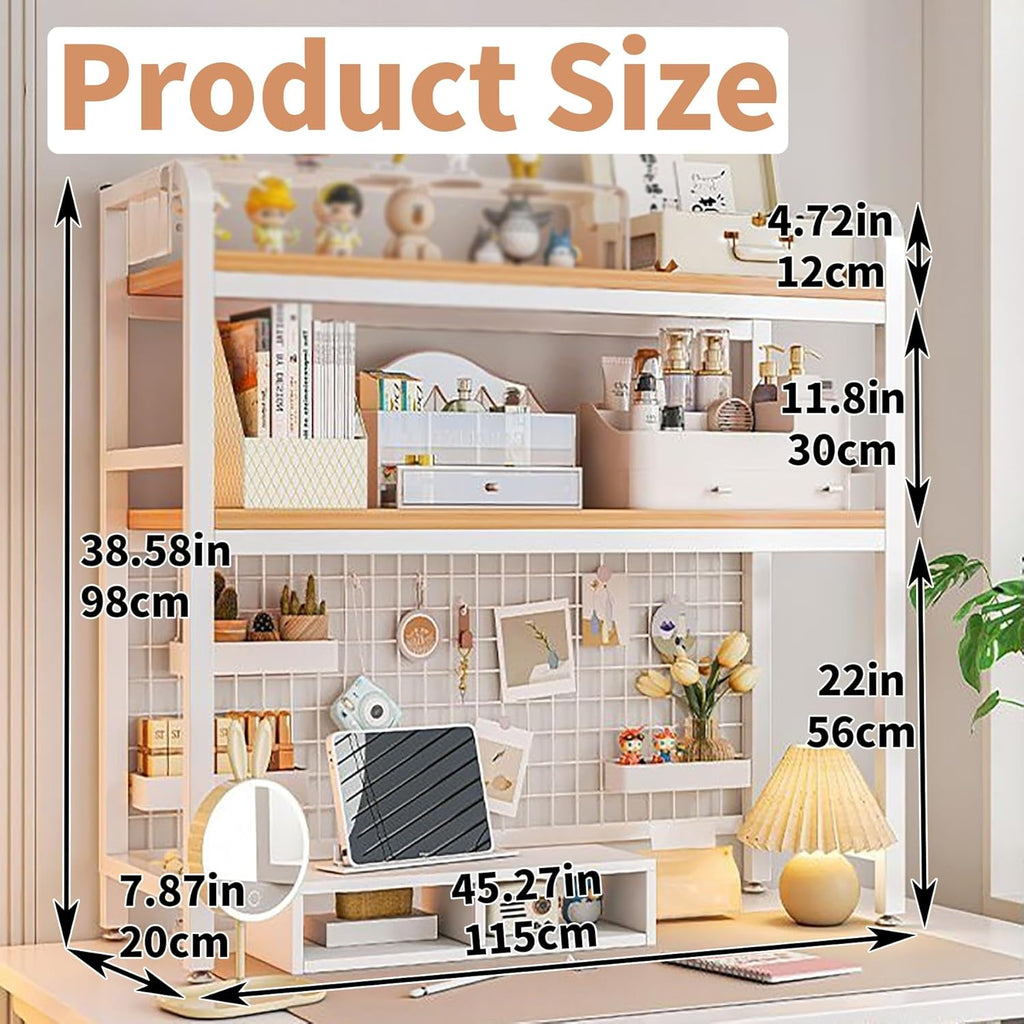 CARLA HOME  2-Tier Metal Desktop Hutch Bookshelf with Grid Panel for Computer Desk and Office Countertop