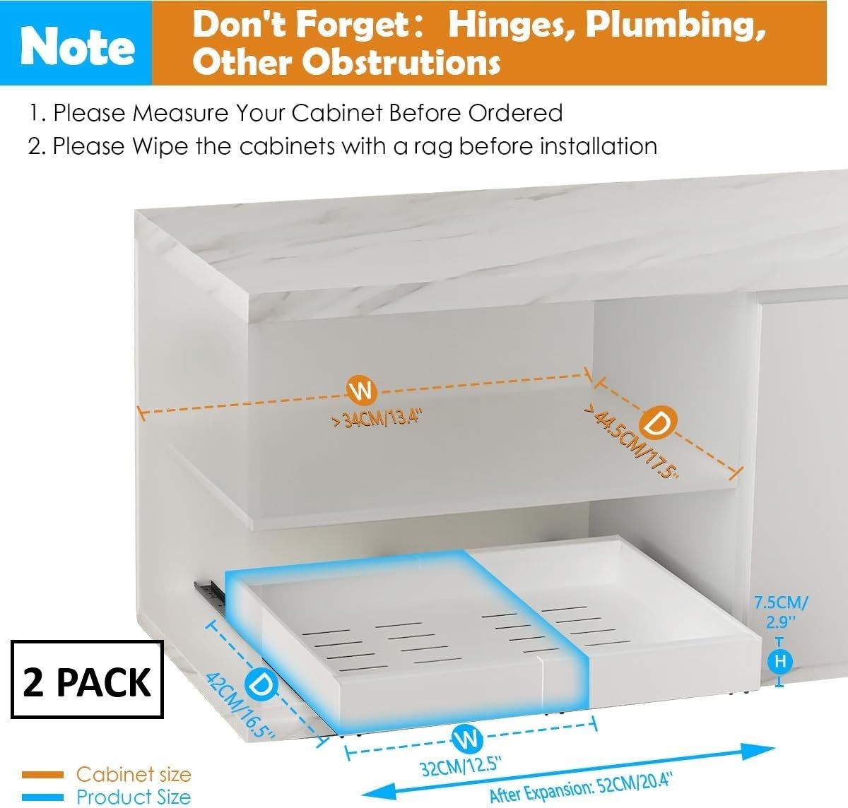 CARLA HOME 2 Pack Pull Out Cabinet Organizer Expandable for Cabinets with Adjustable Slide Out Shelves and Easy Installation (White)