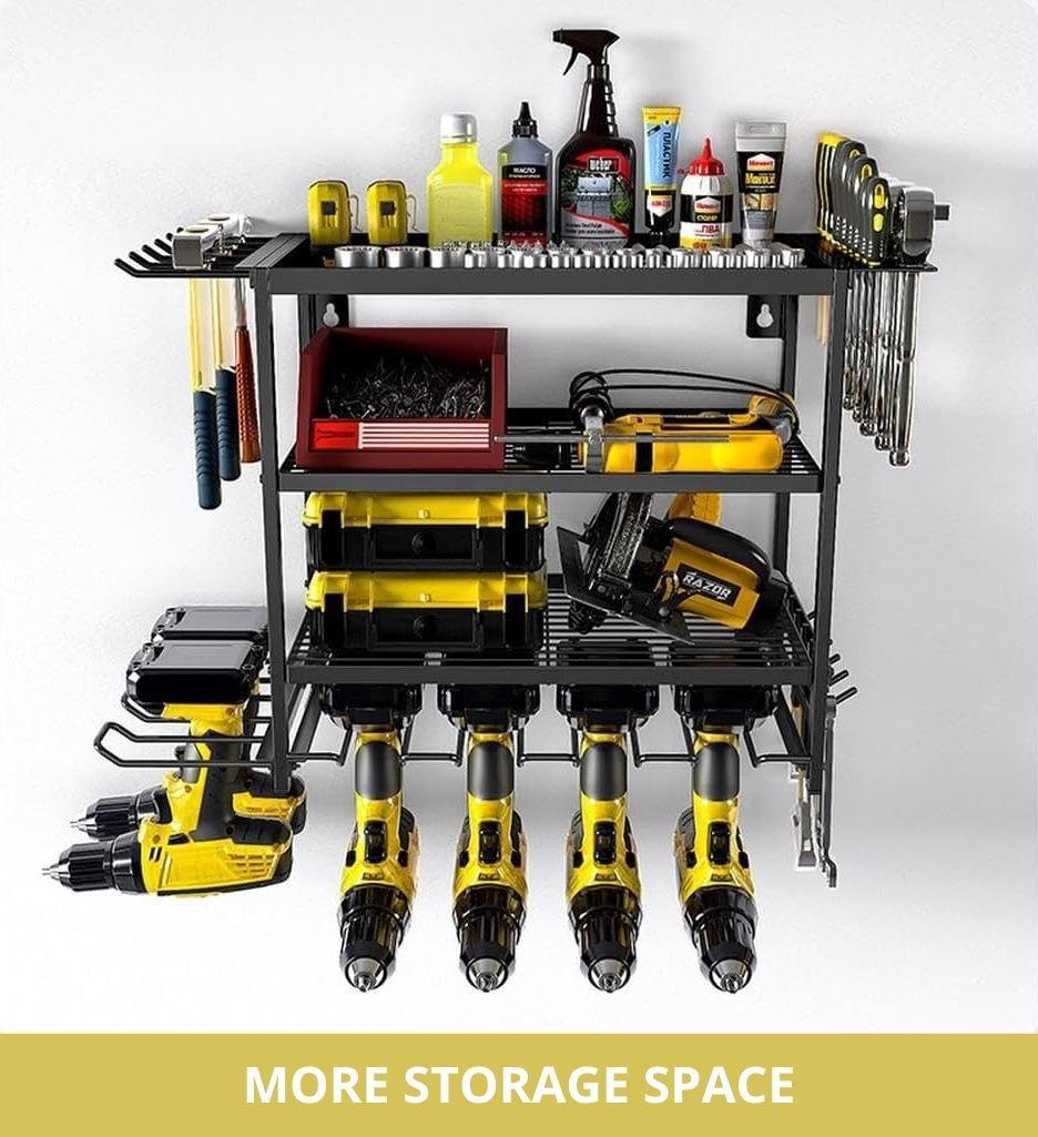 CARLA HOME 4-Tier Power Tool Rack Organizer Wall Mount with Drill Holder & Wrench Hooks for Cordless Tools & Workshop Organization