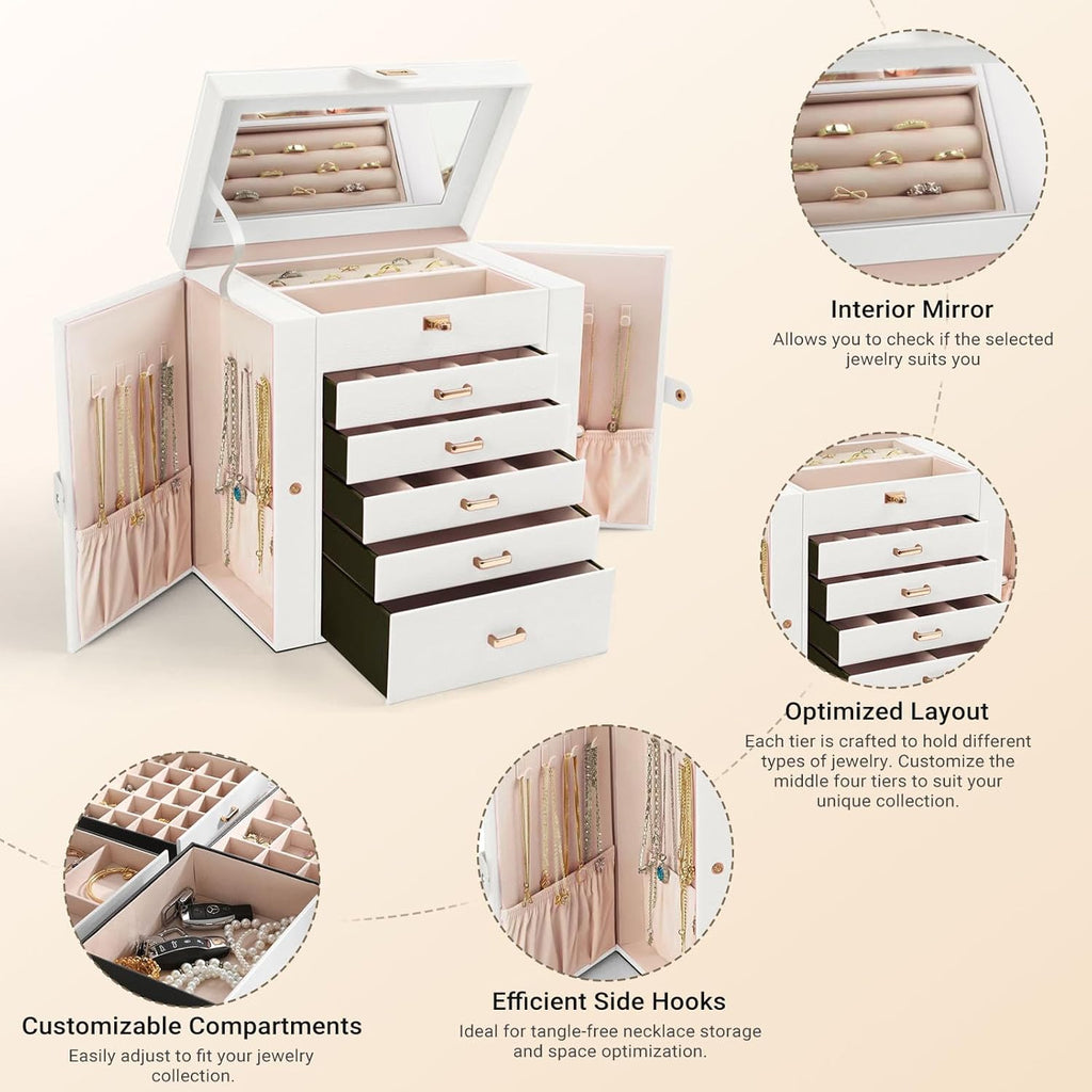 CARLA HOME 6-Layer Large Jewelry Box for Women withDrawers, Mirror, Lock, Necklace Hooks & Side Compartments for Rings, Earrings, Bracelets, Gifts (White)