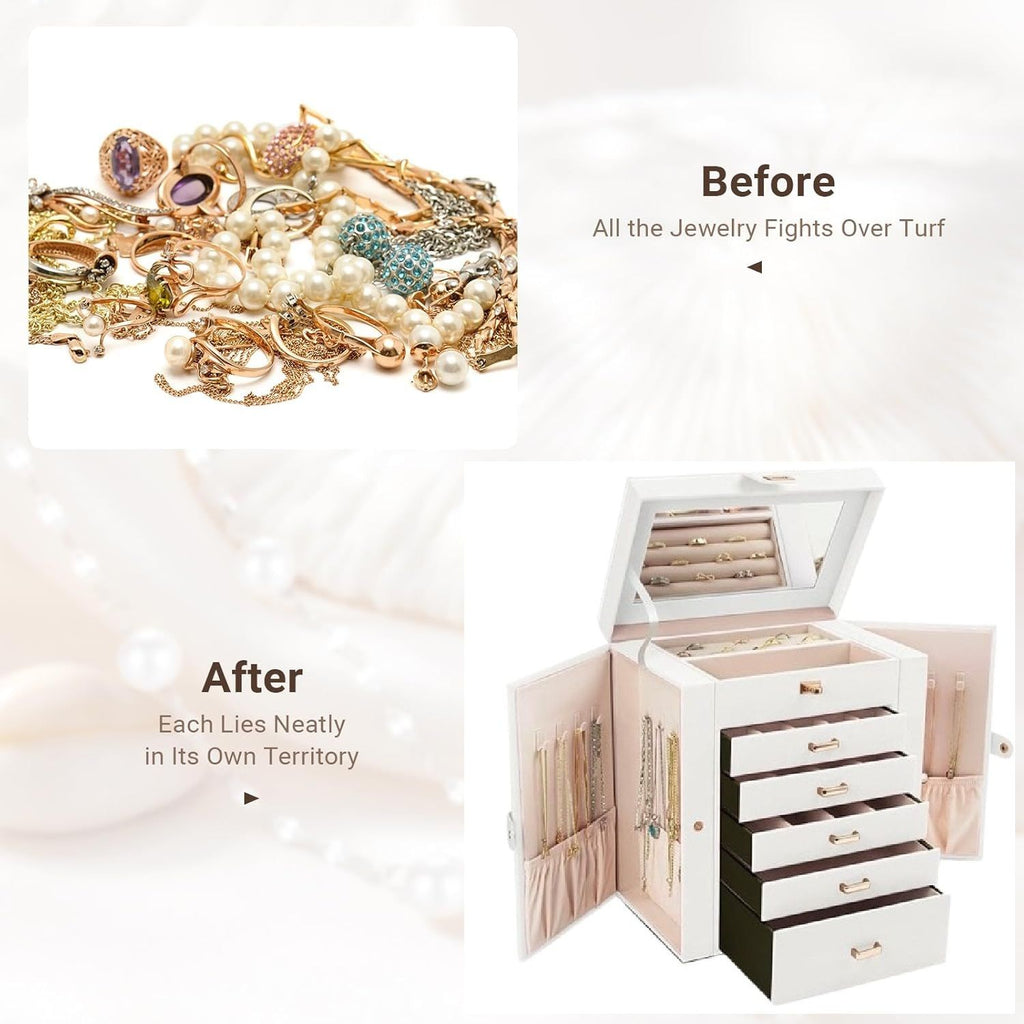 CARLA HOME 6-Layer Large Jewelry Box for Women withDrawers, Mirror, Lock, Necklace Hooks & Side Compartments for Rings, Earrings, Bracelets, Gifts (White)