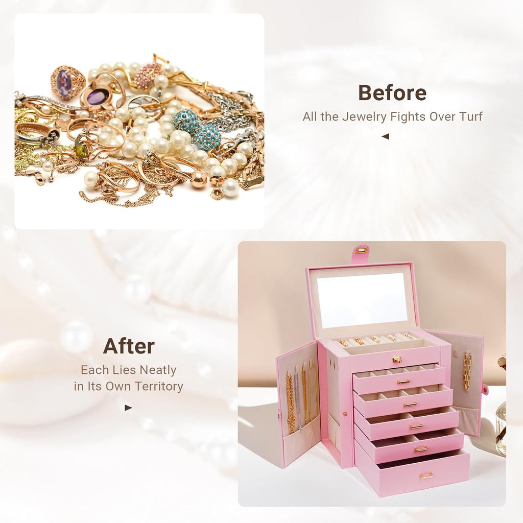 CARLA HOME 6-Layer Large Jewelry Box for Women withDrawers, Mirror, Lock, Necklace Hooks & Side Compartments for Rings, Earrings, Bracelets, Gifts (Pink)