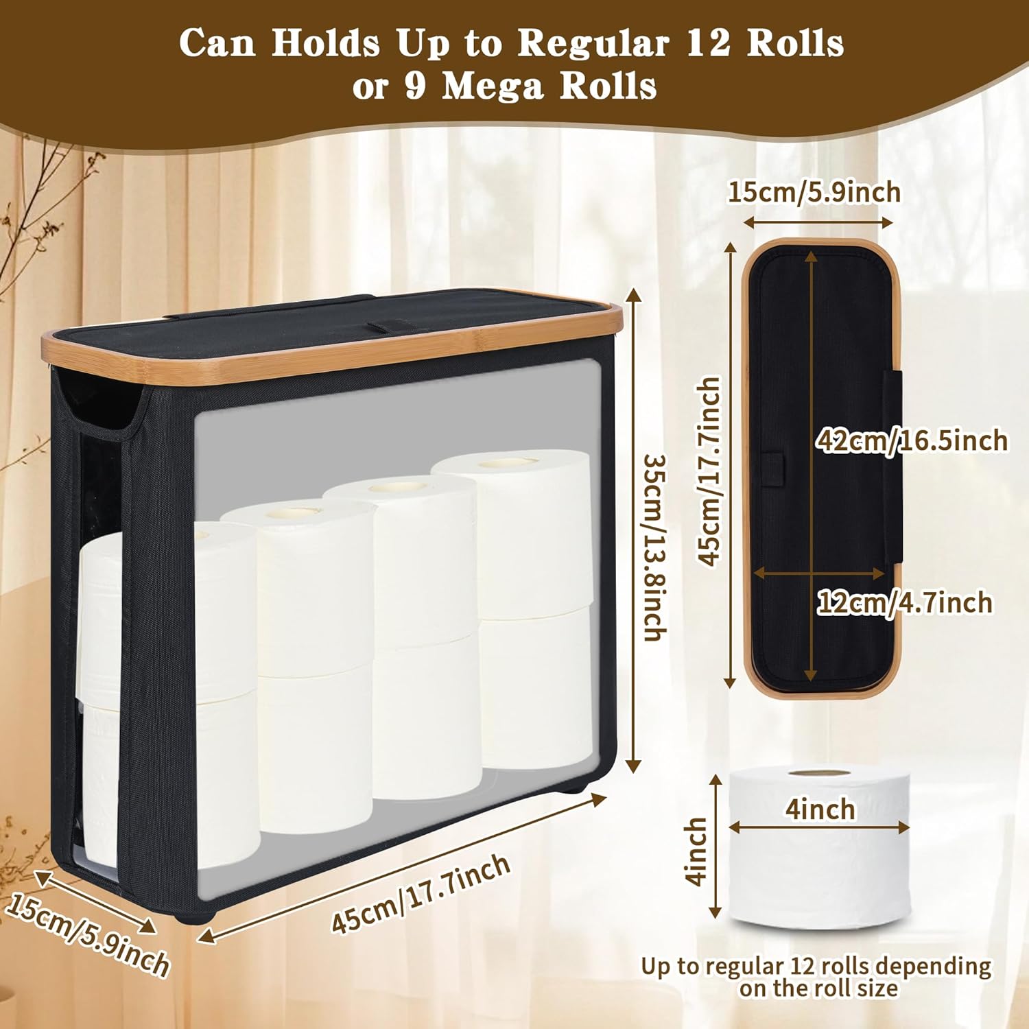CARLA HOME 2 pack Toilet Paper Storage Basket Holds Up to 12 Rolls with Bamboo Lid and Handle for RV Closet (Black)
