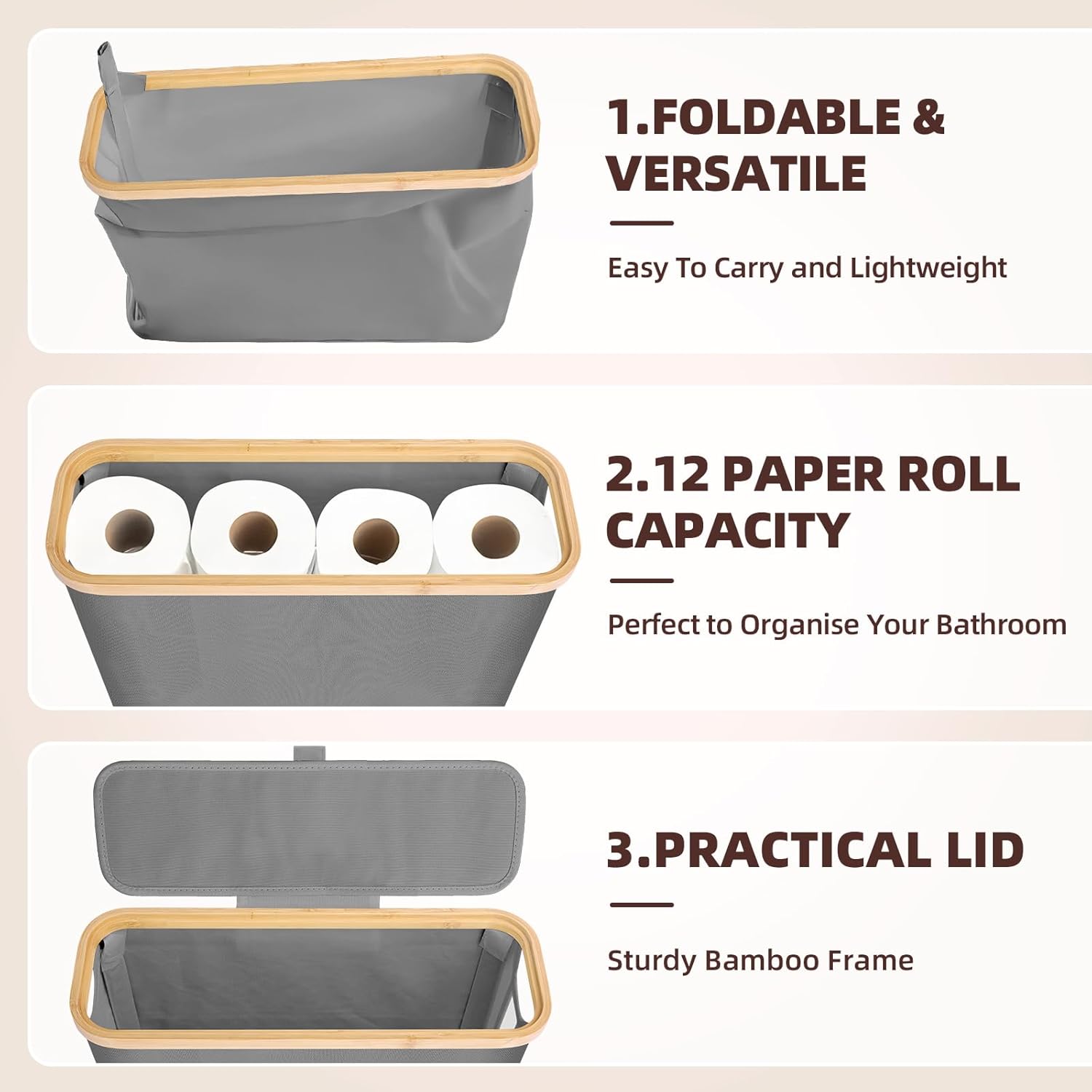 CARLA HOME 2 pack Toilet Paper Storage Basket Holds Up to 12 Rolls with Bamboo Lid and Handle for RV Closet (Grey)