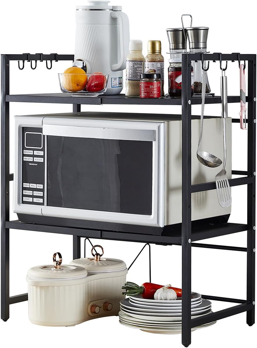 CARLA HOME 3-Tier Microwave Oven Rack with Adjustable Metal Kitchen Shelf Stand for Countertop Storage and 6 Hooks for Utensils