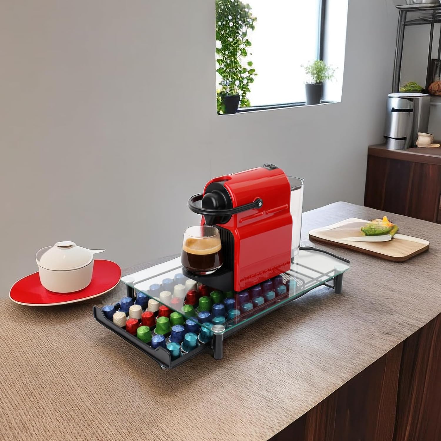 CARLA HOME 60 Coffee Pod Holder Drawer with Tempered Glass Capsule Organizer for Nespresso Pods and Sliding Drawer for Kitchen Countertop