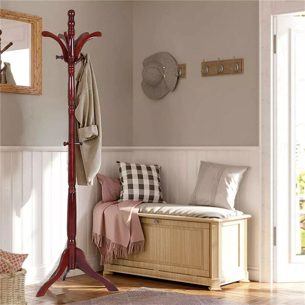 Birch Wood Coat Rack Stand Adjustable Hall Tree Entryway