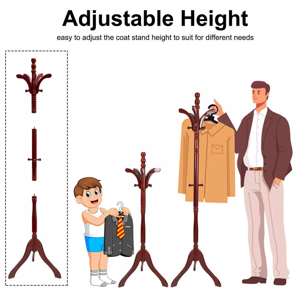 Birch Wood Coat Rack Stand Adjustable Hall Tree Entryway