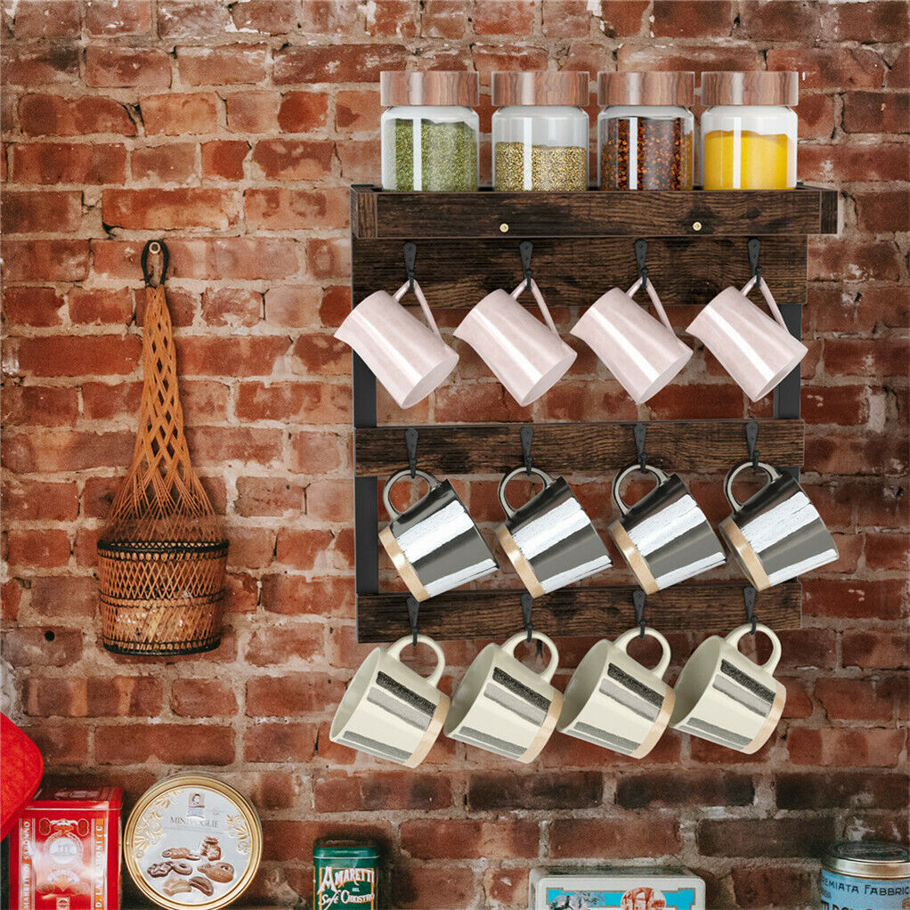 Wooden Wall Mounted Coffee Mug Rack 12 Hooks Cup Holder