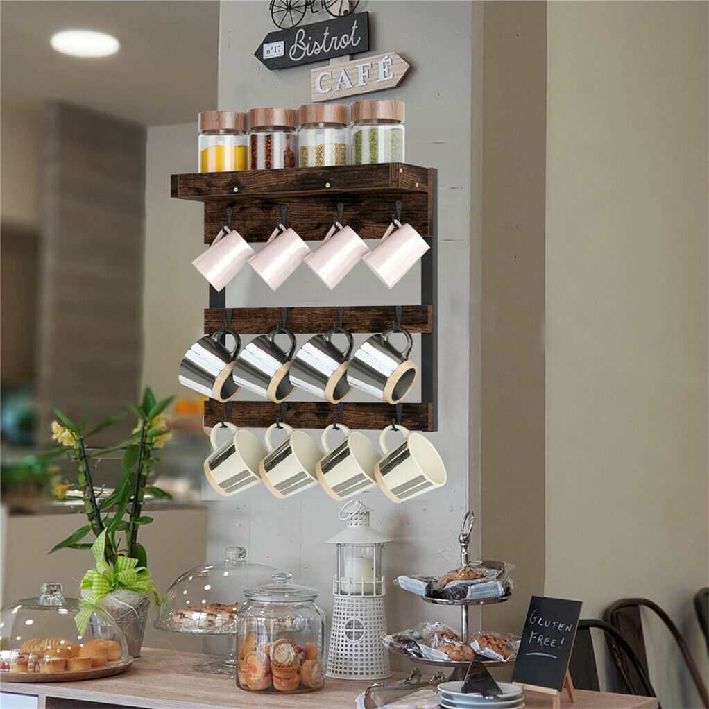 Wooden Wall Mounted Coffee Mug Rack 12 Hooks Cup Holder