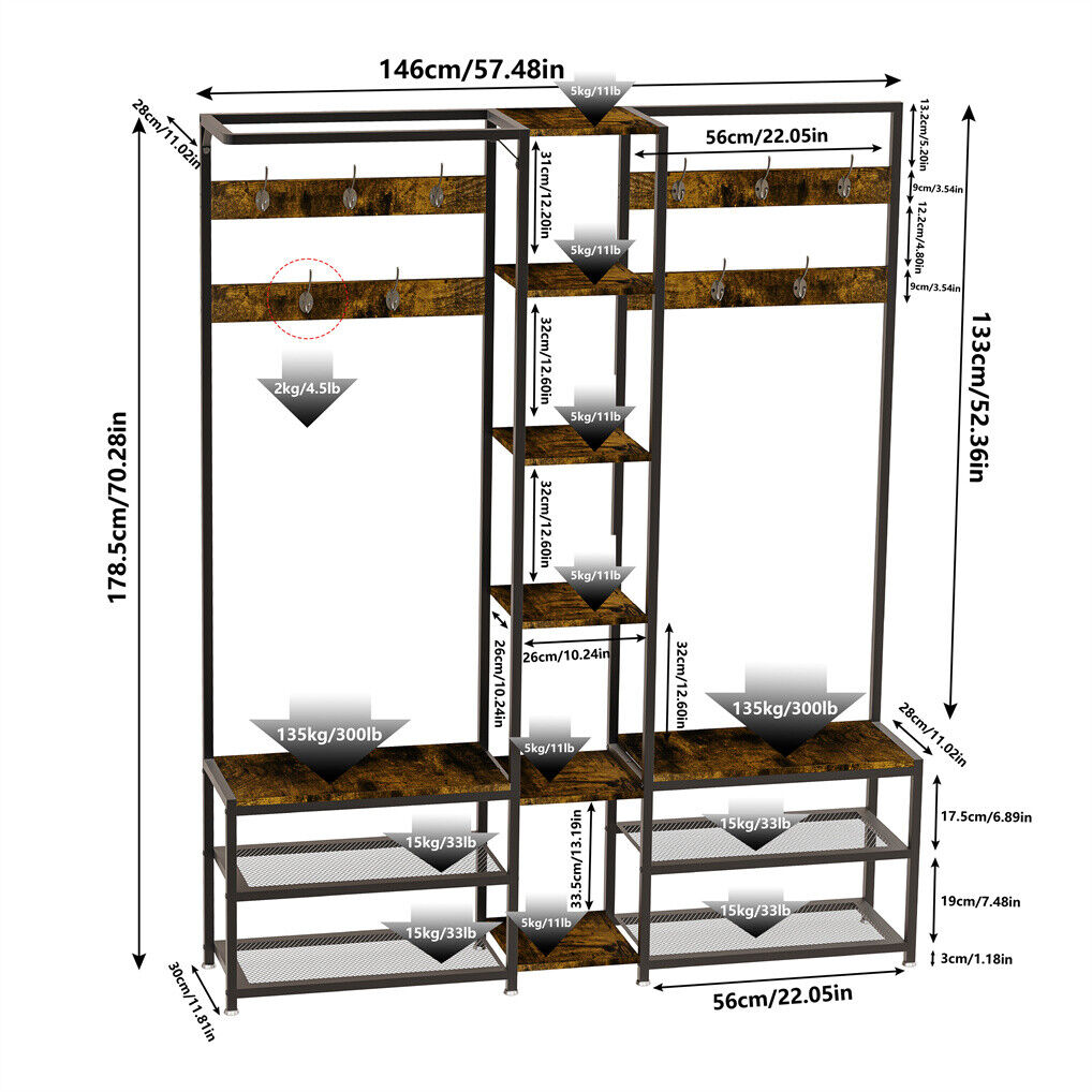 Corner Coat Stand with Shoe Bench Metal & MDF Organizer