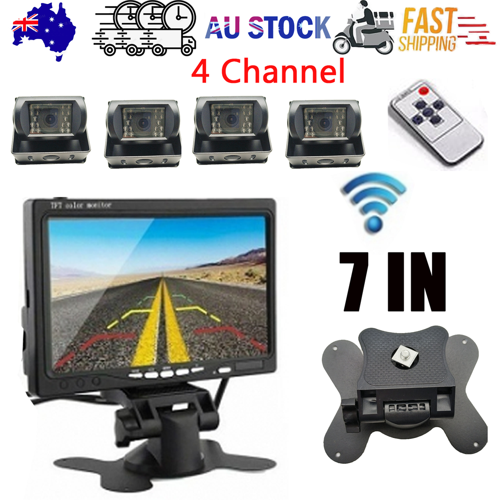 4-Channel Split 7" Screen Monitor w/4 Reversing Camera Kit for Truck Trailer Bus