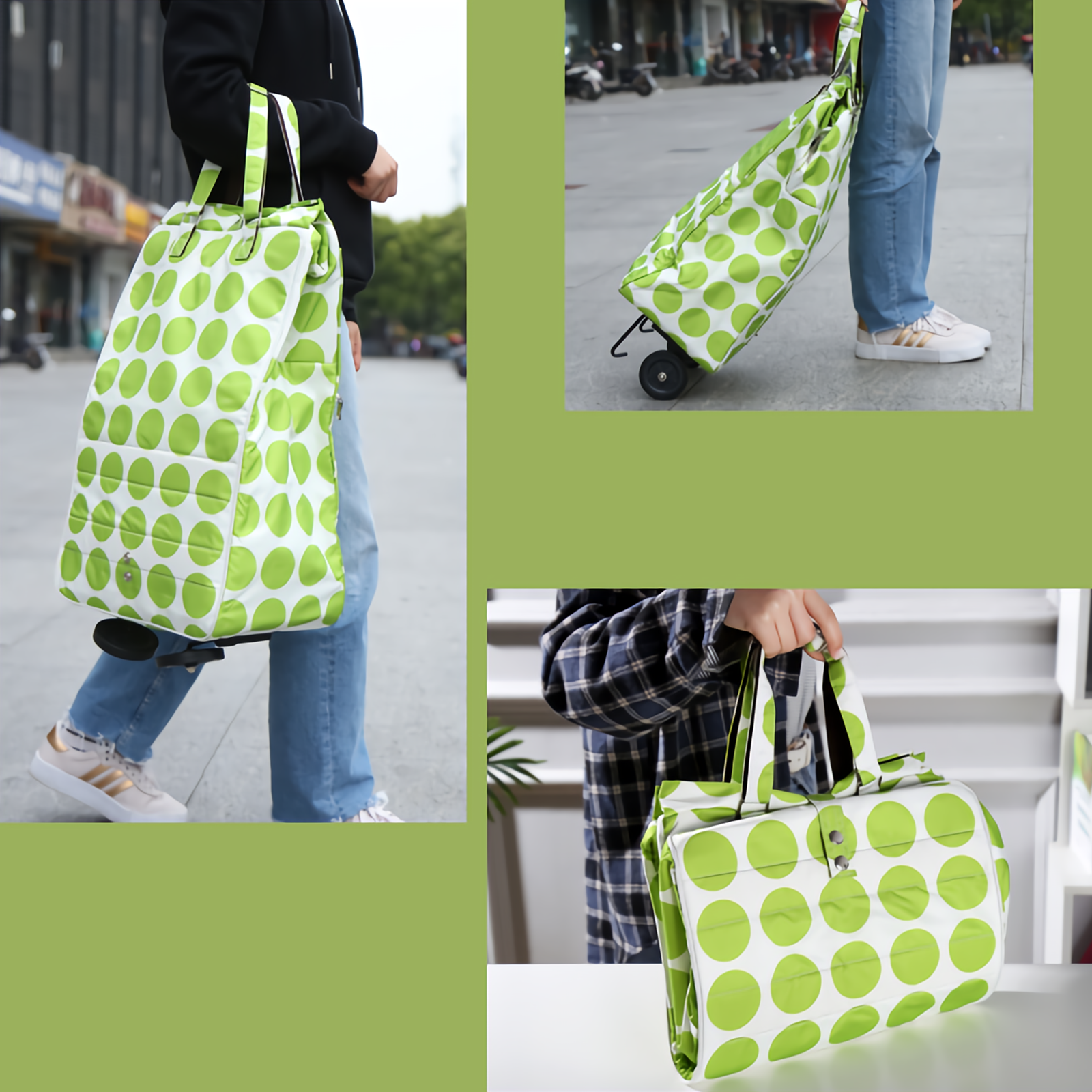 Shopping Trolley Cart Bag Foldable Wheels Carts Bags Market Luggage Basket green circle