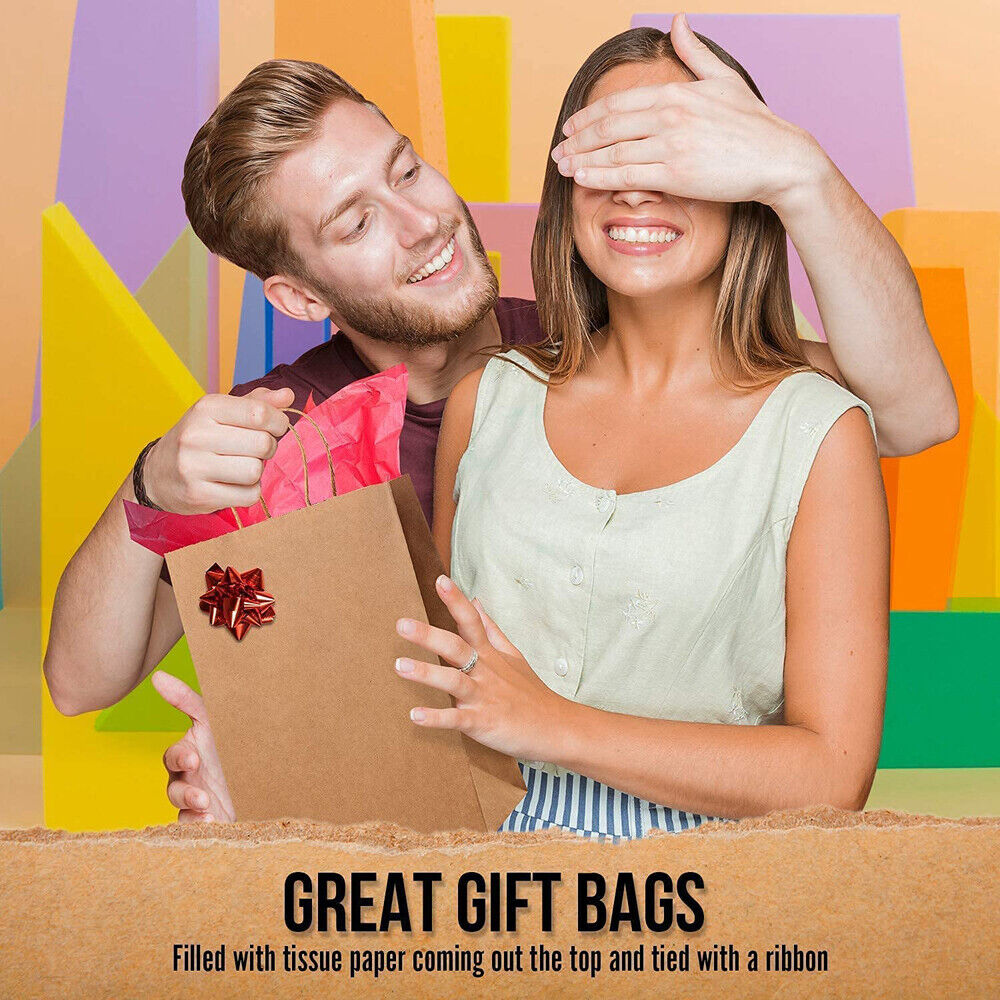 25pcs Bulk Kraft Paper Bags Gift Shopping Carry Craft Brown Retail Bag with Handles Au M