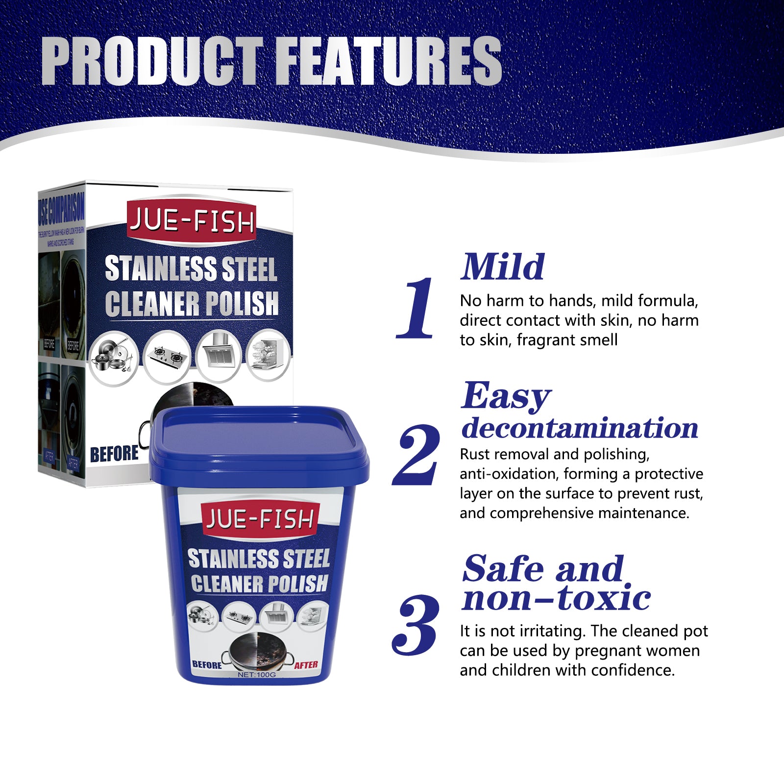 Jue-Fish Stainless Steel Cleaning Cream, Kitchen Decontaminant Pot Rust, Pot Bottom, Stove Top Black Scale Cleaning Cream