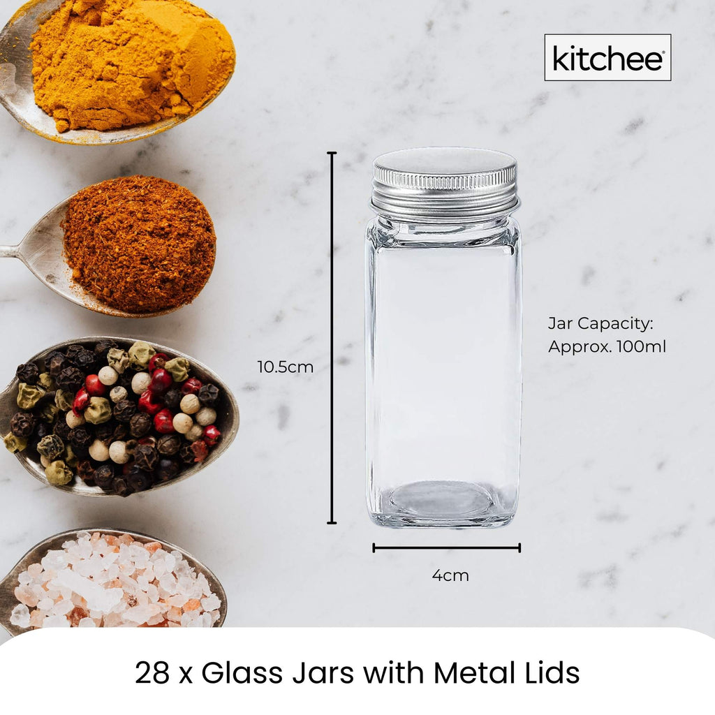 4 Tier Metal Spice Rack + 28 Glass Jars - Kitchen Pantry Herb Storage Organiser