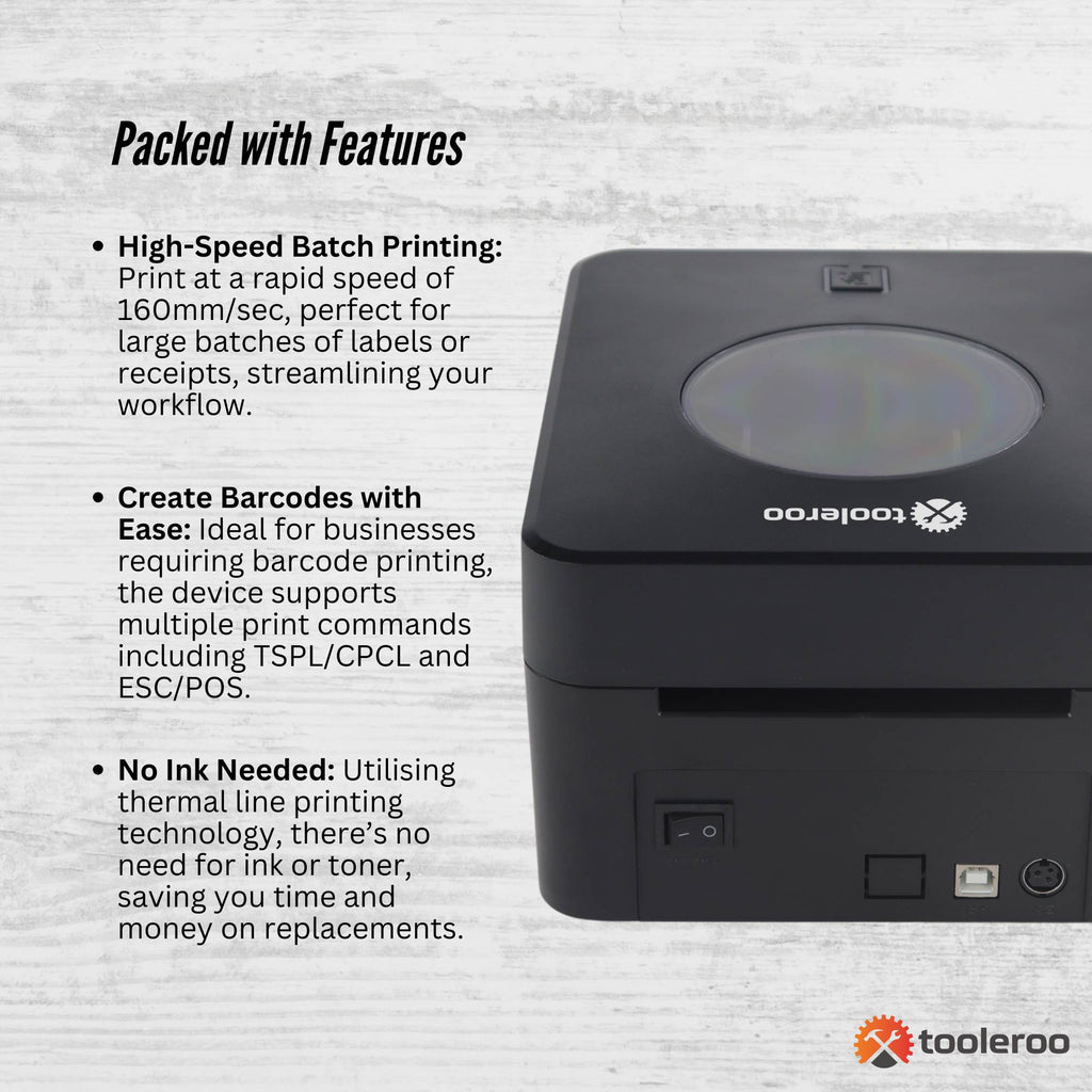 Tooleroo Bluetooth Thermal Label Printer - USB POS Receipt Shipping Printing