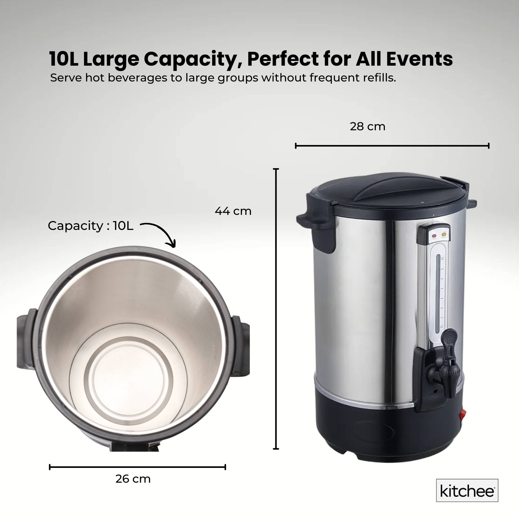 Kitchee 10L Electric Water Boiler - Stainless Steel Commercial Hot Liquid Urn