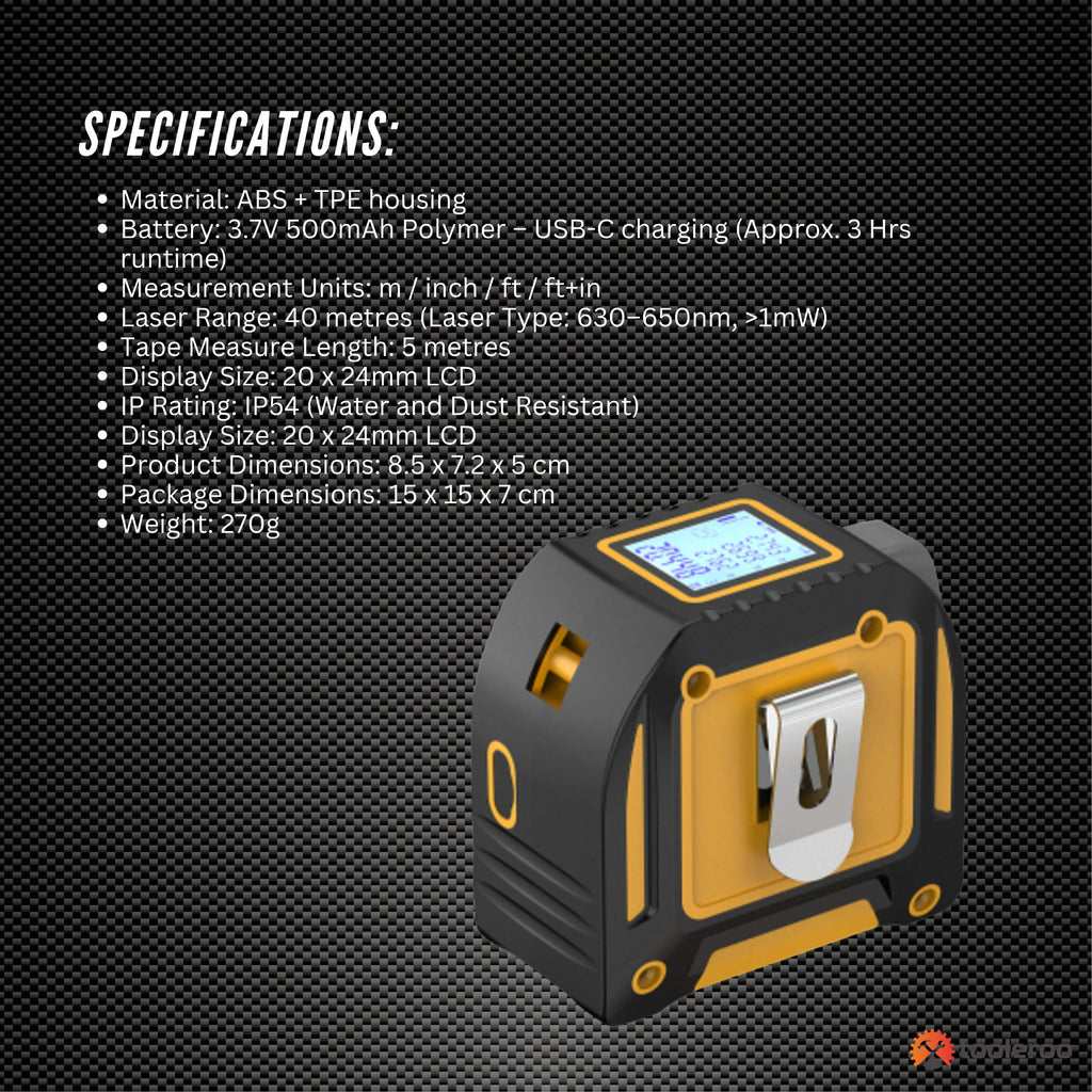 Tooleroo 40m Digital Laser Tape Measure + 5m Steel Tape – 3-in-1 Cross Marking