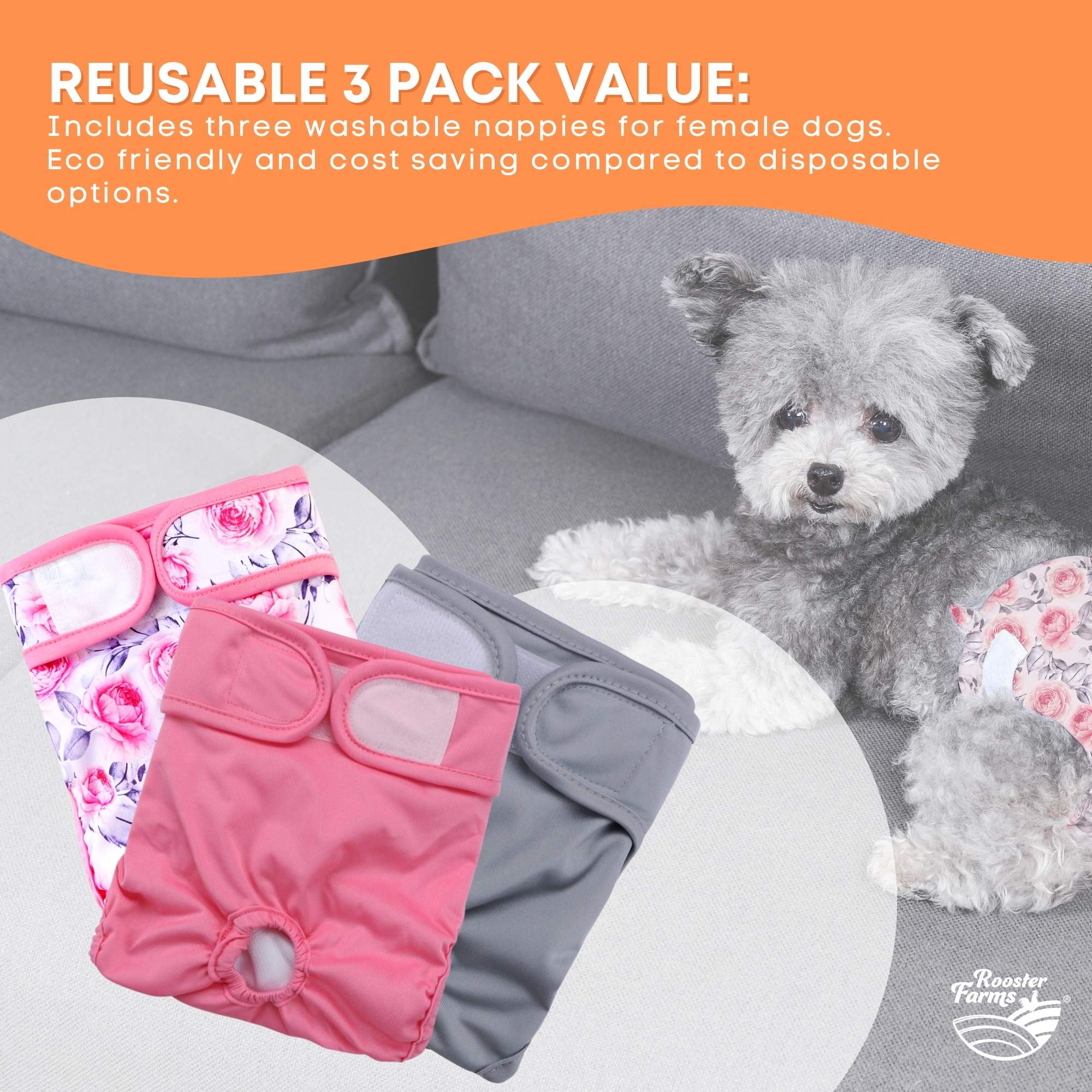 Rooster Farms Female Dog Diapers Large 3Pk - Washable Reusable Nappies Hook/Loop