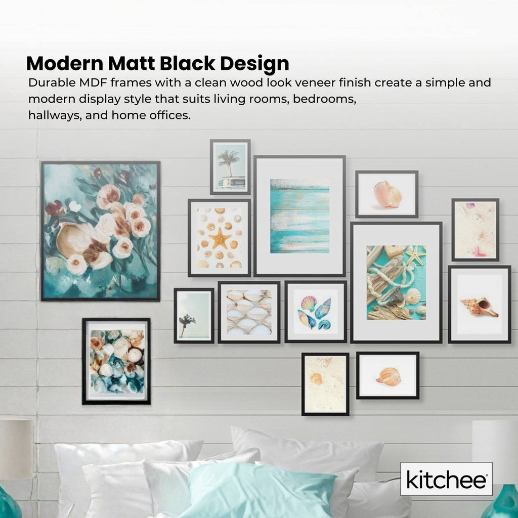 Kitchee 12 Pieces Photo Frame Set - Modern Gallery Wall Mixed Sizes Matt Black
