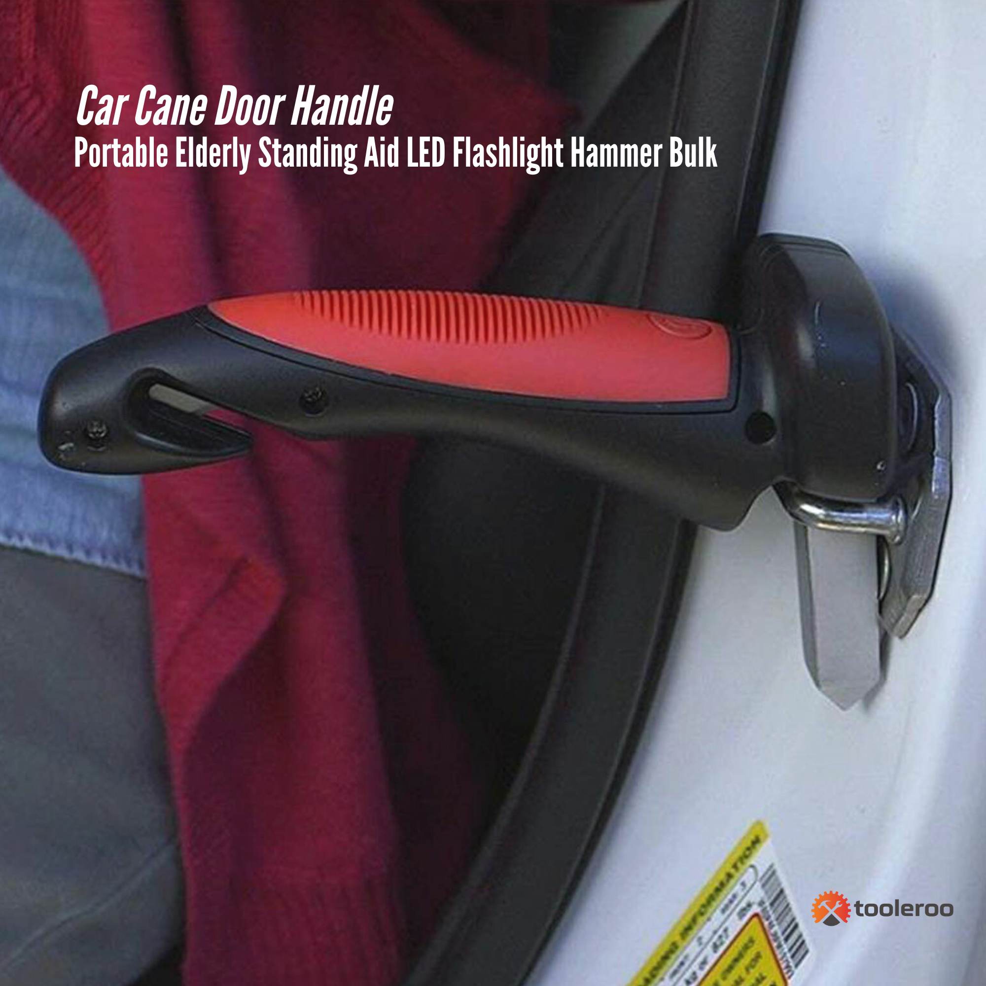 Tooleroo Car Cane Door Handle - Portable Elderly Stand Aid LED Light Hammer