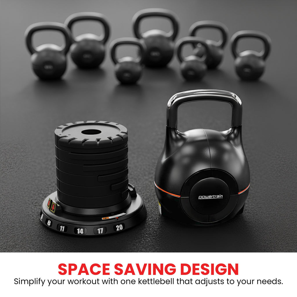 Powertrain Adjustable Kettlebell 20kg 7 in 1 Weight Selection Set w/Quick One Hand Adjustment Secure Locking System