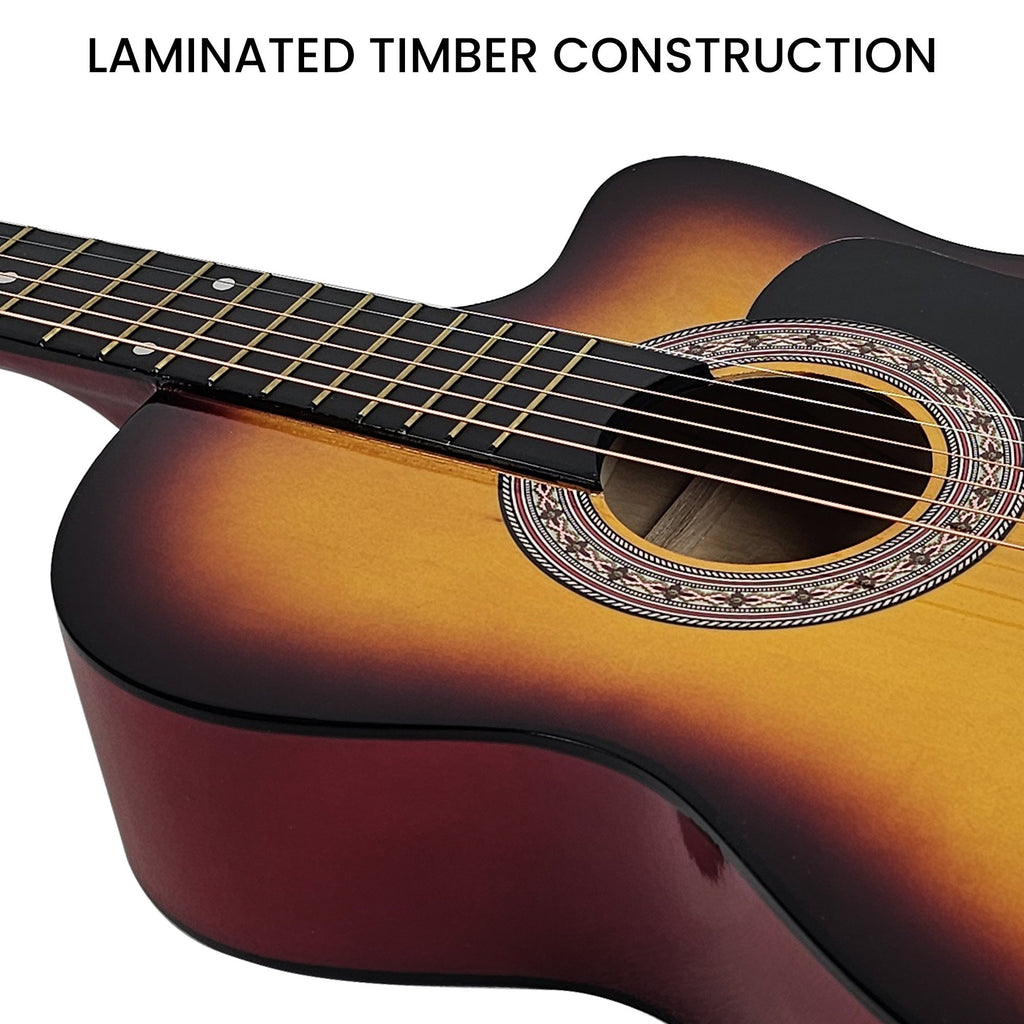 Karrera 38in Acoustic Guitar Steel Strings Carry Bag Shoulder Strap Sun Burst