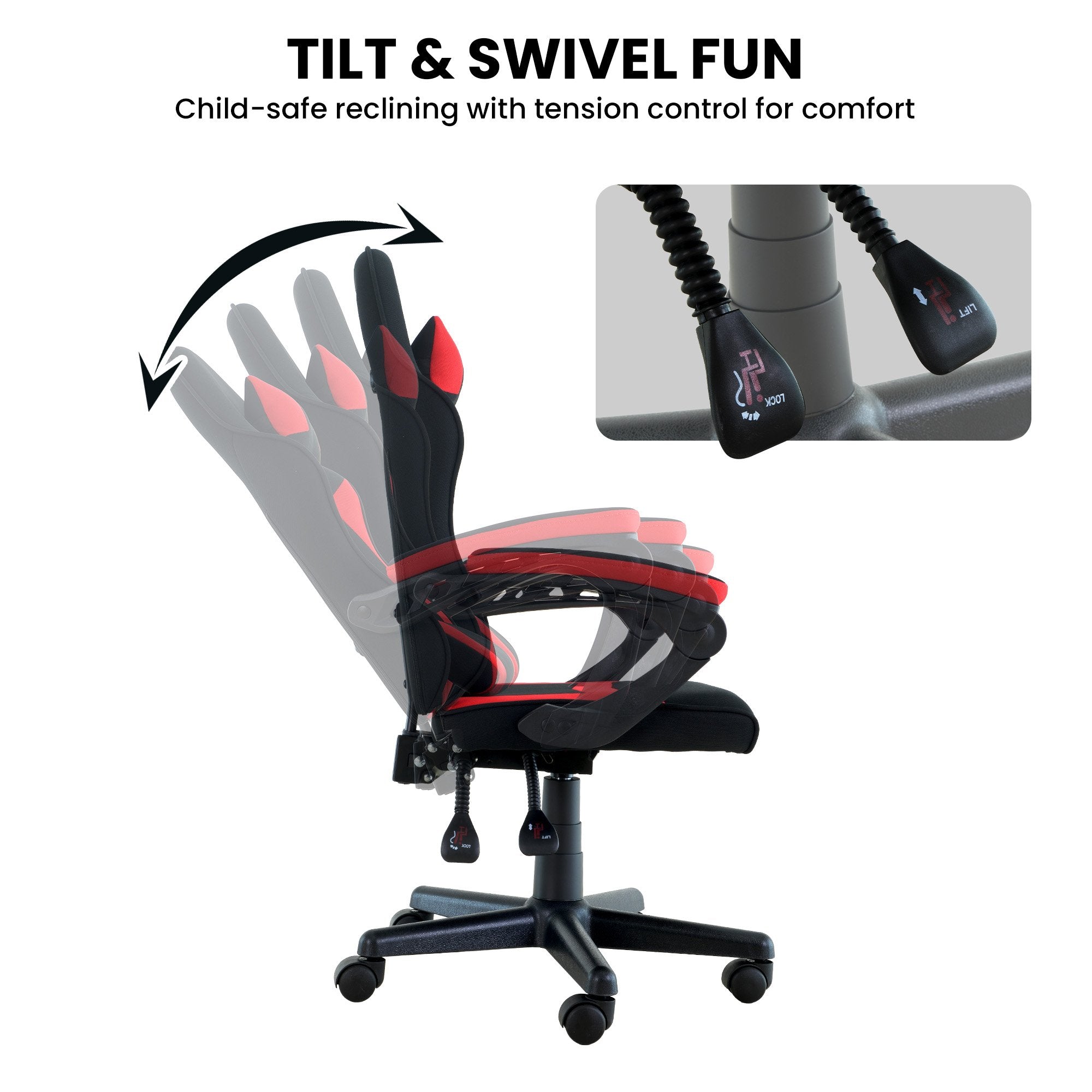 Sarantino Antre Kids Study Gaming Chair Black Red Computer Desk Seat Adjustable Height, Ergonomic Back Support, Padded Armrests