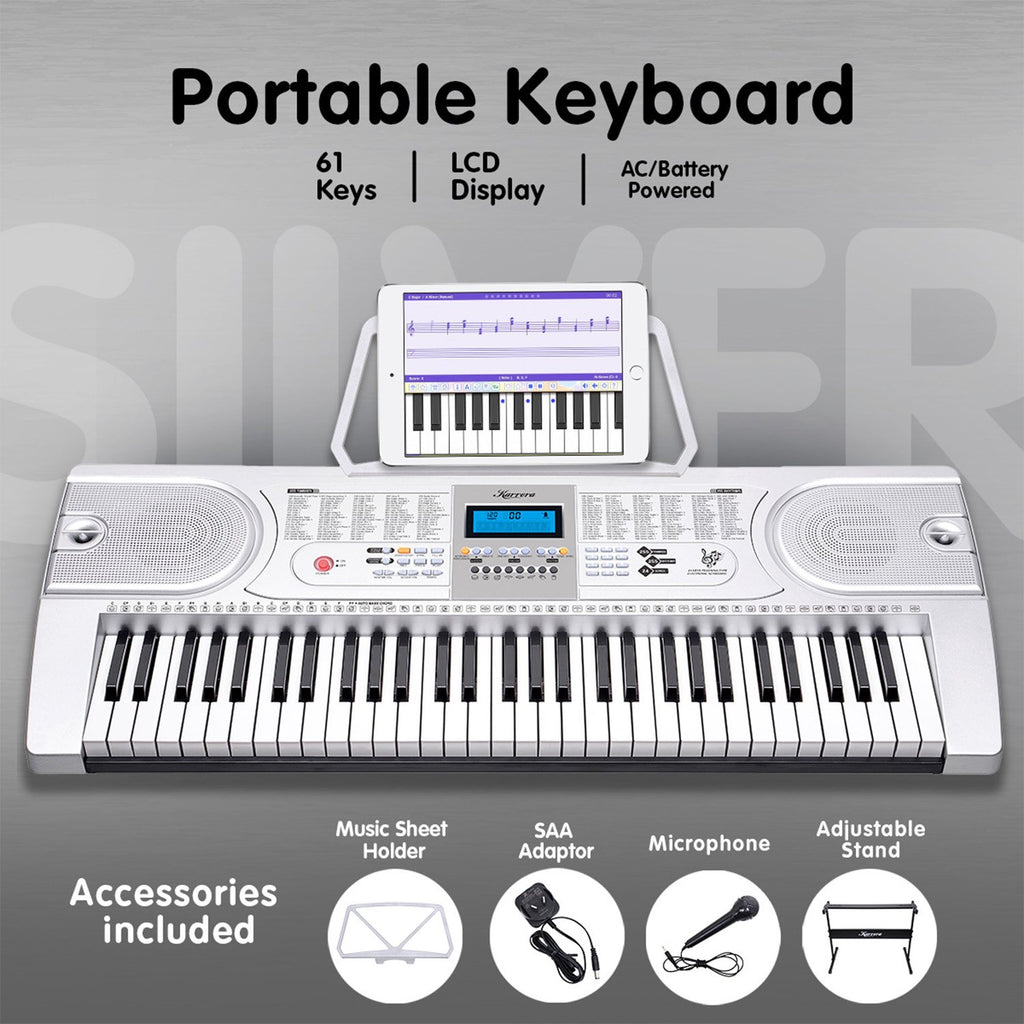 Karrera 61 Keys Electronic Keyboard Teaching Piano with Electric Stand in Silver CHJ-61
