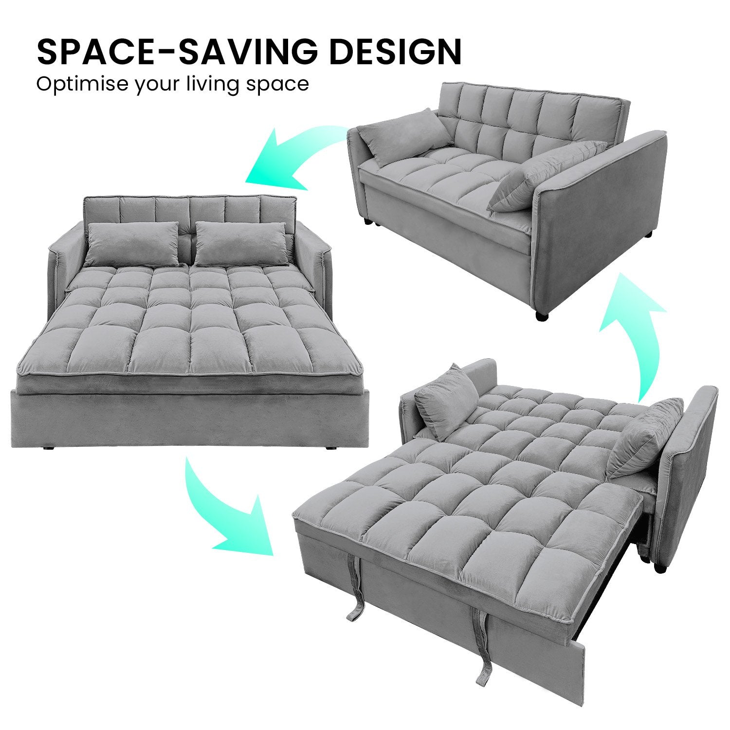 Sarantino Quincy 2-Seater Velvet Sofa Bed in Dark Grey with Wooden Frame and Tufted Design