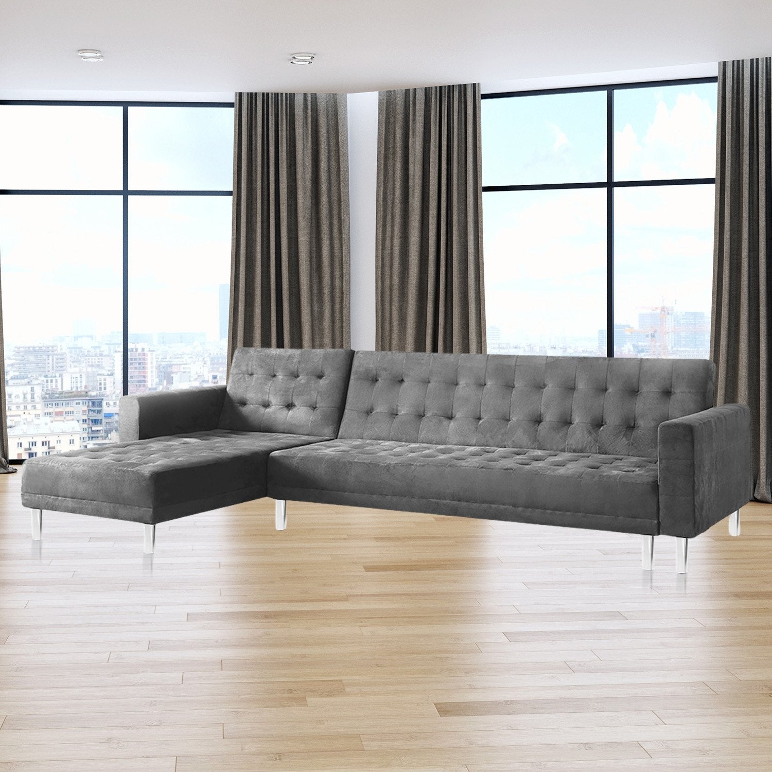 Sarantino Faux Velvet Corner Wooden Sofa Bed Couch with Chaise - Grey